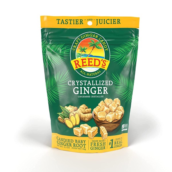 Reed's All Natural Crystallized Ginger Nuggets In A 3.5 oz Resealable Bag - Baby Ginger Root Fruit Slices Sweetened With Raw Cane Sugar Crystals - High Energy Ginger Candies For Snacking - 3 Pack
