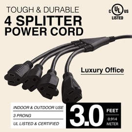 Luxury Office, 4 Way Power Splitter - 1 to 4 Cable Strip With 3 Pronged Outlet and 3 Foot Y Style Extension Cord - Black - SJT 16 AWG.