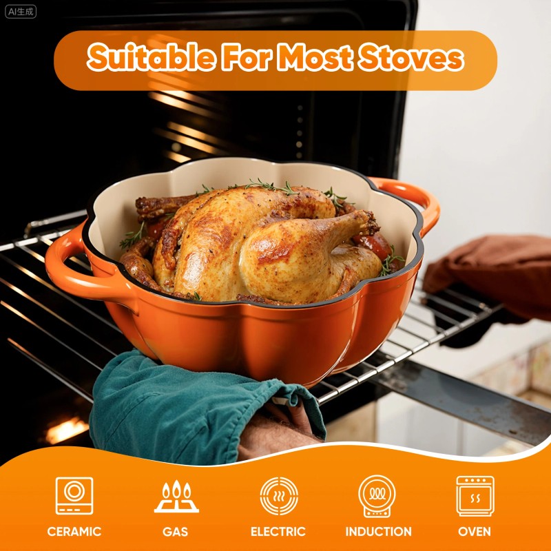 Pumpkin Design Ceramic Enamel Cast Iron Metal Dutch Oven 4.5QT
