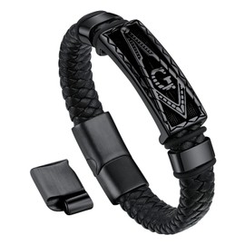 Bandmax Men Black Leather Freemason Wristband with Pendant Black Masonic Charm Bracelet Leather Cuff Bracelet Gift for Father Husband -Gift Packed