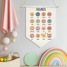 Feelings Chart Canvas Wall Banner,Emotion Recognition Hanging Poster for Kids, Classroom, Therapy, or Homeschool, Educational Emotions Visual Aid with Wooden Rod, 11x16 inch(KD09)