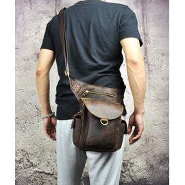 Le'aokuu Mens Genuine Leather Bike Cycling Waist Hip Bum Fanny Pack Drop Leg Bag (9938 A Brown 1)