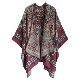Urban CoCo Women's Vintage Pattern Open Front Poncho Cape Shawl Winter Shawl Wraps (Series 24-Wine Red)