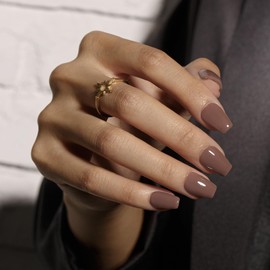 KQueenest Dark Brown Press on Nails Short Coffin, Short False Nails with Glue, Sheer Coffee Fake Nails Press ons Medium Ballerina, Opaque Reusable Soft Gel Stick on Nail for Women, 30 Pcs