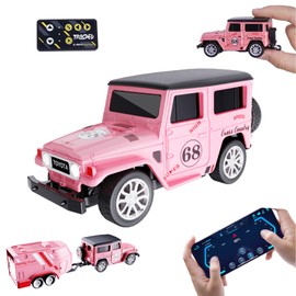 Dingdongwu Mini RC Car with APP Control, 1:64 Scale Off-Road Vehicle & Trailer Toy, 2.4GHz Wireless Remote Control, LED Lights, Alloy Case, MultiControl Modes, Speed/Steering Adjustable (Pink)