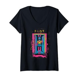 Womens Creepy Girl Bunny Grunge Slasher Pastel Goth Anime Horror V-Neck T-Shirt