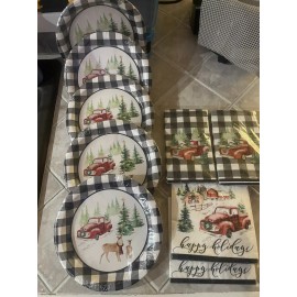 Old East Main Co Christmas “Holiday Woods”Holiday Truck/Deer- Party Plate, 9”, Plaid Black/8 Ct