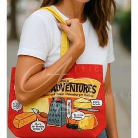 Trader Joe's Cheese Adventure/Experience Canvas Tote Set of 2, Reusable Shopping Bag, Featuring Various Cheeses & Cheese Dishes.