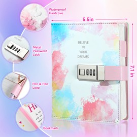 Sicbanna Diary with Lock for Girls Ages 8 9 10 11 12 Year Old, Kid Secret Notebook Locked Diary with Pens, 256 Pages Trendy Watercolor Journal with Lock for Teen Girls 8-12 Birthday Gift