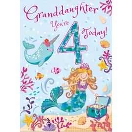 Noel Tatt Granddaughter 4th Birthday Card from the Milestones Range Age 4 - Under the Sea - Pretty Mermaid, Narwhal and Treasure Chest