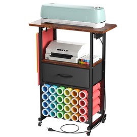 Rolling Craft Cart with Charging Station & Fabric Drawer, 24 Vinyl Roll Holders, Compatible with Cricut Maker, Cricut Organization for Craft Room, Blue Metal Frame, Vintage