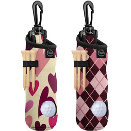 PAAR CLUB Golf Gifts for Women, 2 Set Golf Ball & Golf Tee Holder, Golf Ball Pouch + Keychain Clip-On Bag Accessory | Golf Tournament Prizes, Argyle & Hearts