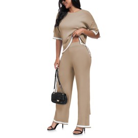 Famulily 2 Piece Oversized Loungewear Sets Crew Neck Top and Pant 2 Piece Loungear Side Split Hem KhakiL