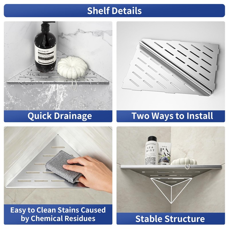 Bernkot Corner Shower Shelf 10" Brushed 304 Stainless Steel Slot