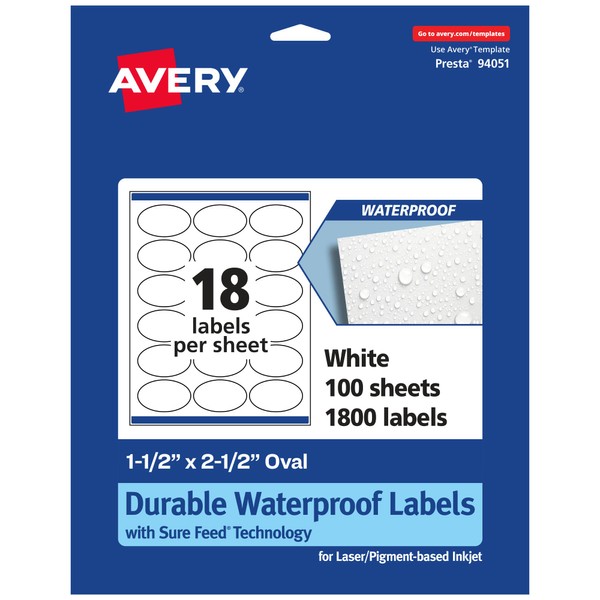Avery Durable Waterproof Oval Labels with Sure Feed, 1.5" x