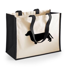 huuraa Jute Bag Dachshund Silhouette Present Shopper Shopping Bag Black 21 Litres Jute and Cotton Dachshund Gift Idea, black