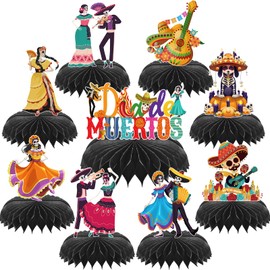 VorkiVecKi Day of The Dead Decorations, 9 Pcs Mexican Table Honeycomb Centerpieces Decor for Dia De Los Muertos, Skull Party Fiesta Holiday Supplies Cartoon Taco Guitar Skeleton Ornaments for Kids