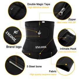 ANGOOL Neopren Waist Trainer For Women,Workout Plus Size Trimmer Belt Sauna Sweat Corset Cincher With Zipper Black