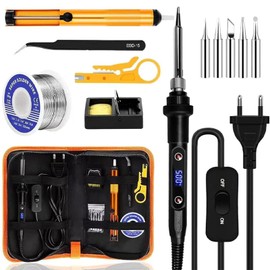 Soldering Iron Set, 80 W 180-520 °C Soldering Iron with On/Off Switch, LCD Adjustable Temperature Soldering Iron, 5 Soldering Tips, Desoldering Pump, Soldering Iron Stand, Tweezers, for Electrical