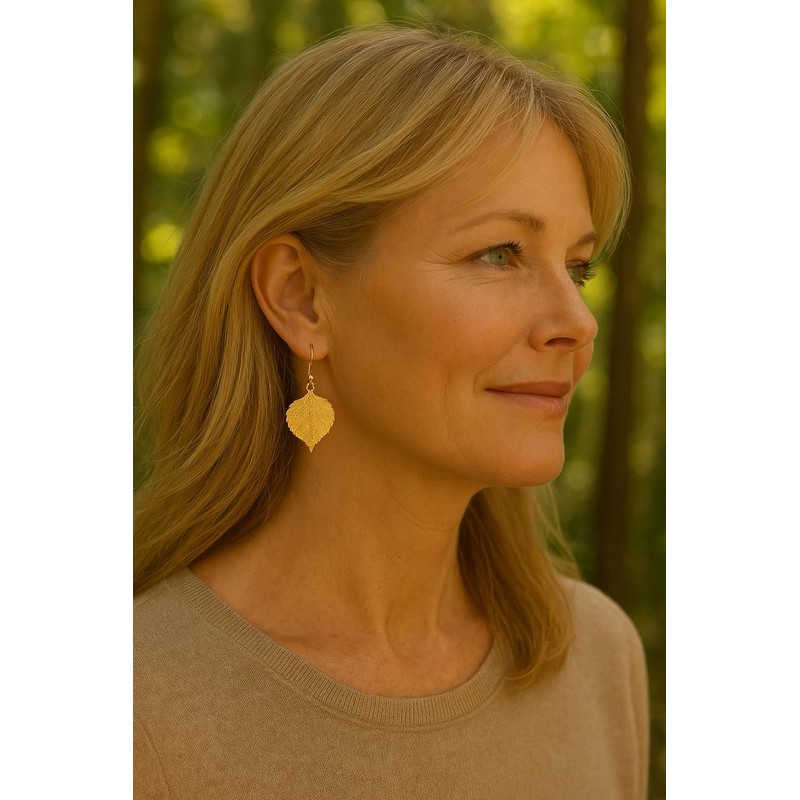 Allmygold 24K Gold Dipped Aspen Leaf Dangle Earrings
