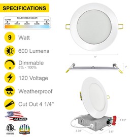 NUWATT 6 Pack, 4 Inch Ultra-Thin LED Recessed Lighting, 5CCT 2700K/3000K/3500K/4000K/5000K Selectable, 630LM, 9W, IC Rated, Dimmable Slim Panel Light, White Trim Canless Wafer with Junction Box, ETL