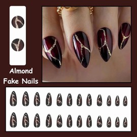 Gloss & Go 24 Reusable Artificial Fake Nail Set| Black-Maroon Colour Cat Eye Effect Golden Glitter Glossy Nails| Lightweight & Long Lasting| Easy To Use| Quick Fix For Festivals & Special Occasions