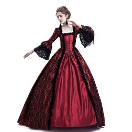 Velcoxplay Women's Medieval Victorian Queen Dress, Long Sleeve Medieval Renaissance Costume, Gothic Lolita Party, Rococo Puff Sleeves, Maxi Dress, Red, M