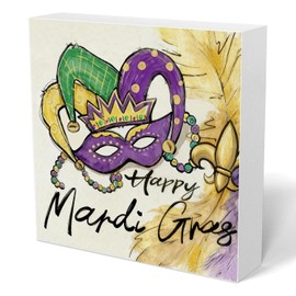 RTXLEZM Mardi Gras Decorations Wooden Sign,Mardi Gras Centerpieces for tables Decor,Happy Mardis Gras Decorations for Home Party Tiered Tray Shelf Bathroom Office Bedroom Wall Decor, 5x5 Inch