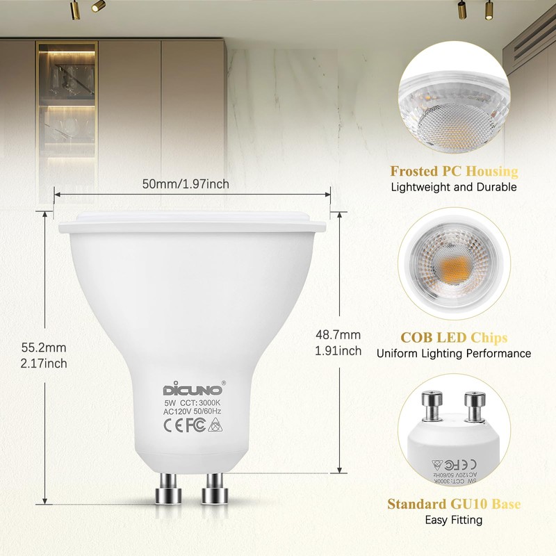 DiCUNO GU10 LED Bulbs 5W Warm White, 3000K, 500lm, 45