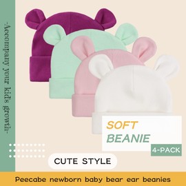 PEECABE Cotton Newborn Hospital Baby Hats 0-6 Months Infant Boy Girl Beanie Bear Ear Hat Set (CA/US, Age, Preemie, White+Skin Pink+Green+Dark Purple)