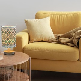 Fustylead Teal Green Moroccan Tile Table Lamp for Bedroom USB Port Lamps Small Accent Table Lamp Nightstand Lamp Sturdy Linen Shade Wooden Base Decorative Lamps for Bedside Reading|Kids|Dorm|Home