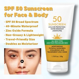 SPF 50 Sunscreen for Face & Body – Non Greasy Sunscreen with Zinc Oxide, Waterproof Sun Cream for 40 Mins, Lightweight Sun Cream SPF 50 for Sensitive Skin, Travel Size Sunblock