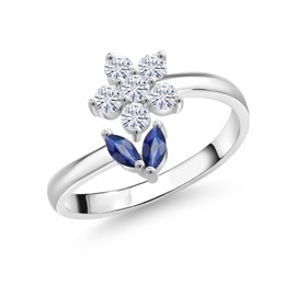 Gem Stone King 925 Sterling Silver Blue Sapphire Flower Open Ring For Women (0.58 Cttw, Gemstone September Birthstone, Available In Size 5, 6, 7, 8, 9)
