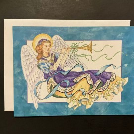 Vtg Christmas Greeting Card Angel Playing Large Horn Beautiful Wings GoldenHalo