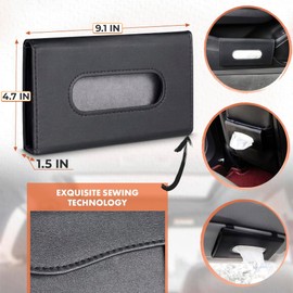 Car Tissue Holder - Durable Tissue Holder in Car with Ergonomic Take-Out Port, Easy Access PU Leather Design (9.1" L x 1.5" W x 4.7" H) - Refillable Tissues Organizer Attached with Metal Clips