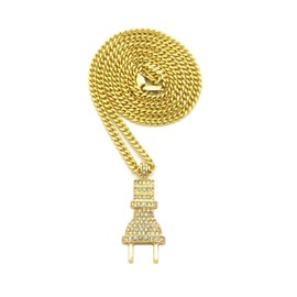 Shiny Jewelers USA Mens ICED Out Gold Electric Power Plug Pendant Box, Rope, Cuban Chain Necklace (Small Pendant Cuban Chain)