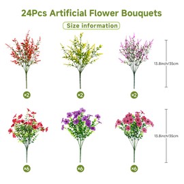 SHareconn SHareconn 24 Bundles Artificial Flowers for Outdoors Decoration, Faux Plants Fake Silk Colorful Daisy Eucalyptus Lavender, UV Resistant for Outside Home Porch Patio Indoor Spring Decor, Mix 4 Colors