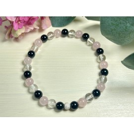 Majas Perlen Armband Achtsamkeit Bergkristall Turmalin Rosenquarz echt 6mm mit 925er Sterling Silber 5mm facettiert - Größe 16 bis 18cm - Handmade Perlenarmband - Spiritueller Schmuck Unisex