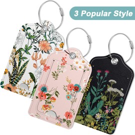 Hnogri 3 Pcs PU Leather Luggage Tags for Suitcase, Travel Cruise Luggage Tag with Privacy Flap, Name ID Label and Metal Loop for Women Men Baggage Handbag School Bag Backpack, Daisy Flowers