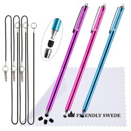 The Friendly Swede Extra Long Stylus Pen for Touchscreen — Set of 3 Thin-Tip High Precision Capacitive 7.3" Stylus Pens; Incl. Elastic Lanyards, 3 Replaceable Tips & Cleaning Cloth - Pink/Purple/Blue