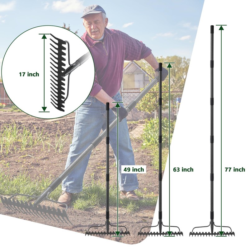 77'' Bow Rake ，17 Tines Metal Head Rakes with Stainless