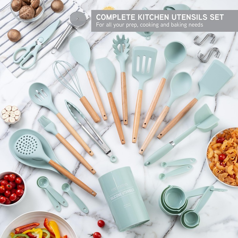 Country Kitchen Non Stick Silicone Utensil Set with Rounded Wood