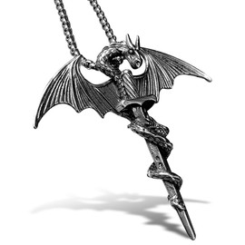 bahamut Mens Stainless Steel Dragon Sword Pendant Necklace Gothic Vintage Cool Jewelry with Chain, Stainless Steel, No Gemstone