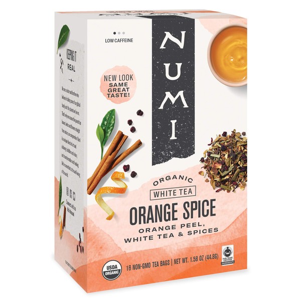 Numi Organic Tea Orange Spice, 16 Count Box of Tea Bags (Pack of 6), White Tea