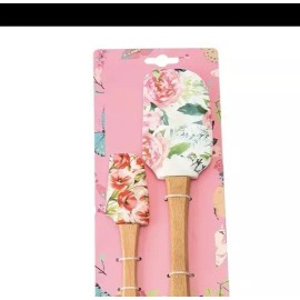 SET OF 2 PINK FLOWERS SILICONE SPATULAS FLORAL GARDEN GREEN LEAVES
