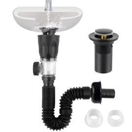 iFealClear Bathroom Sink Drain Kit, Flexible P-Trap Drain Pipe with Pop Up Stopper, Expandable Bathroom Sink Pipe Replacement with 2 Adapters, Fits 1-1/4'', 1-1/2'', 2" Holes, Hair Catcher, Black
