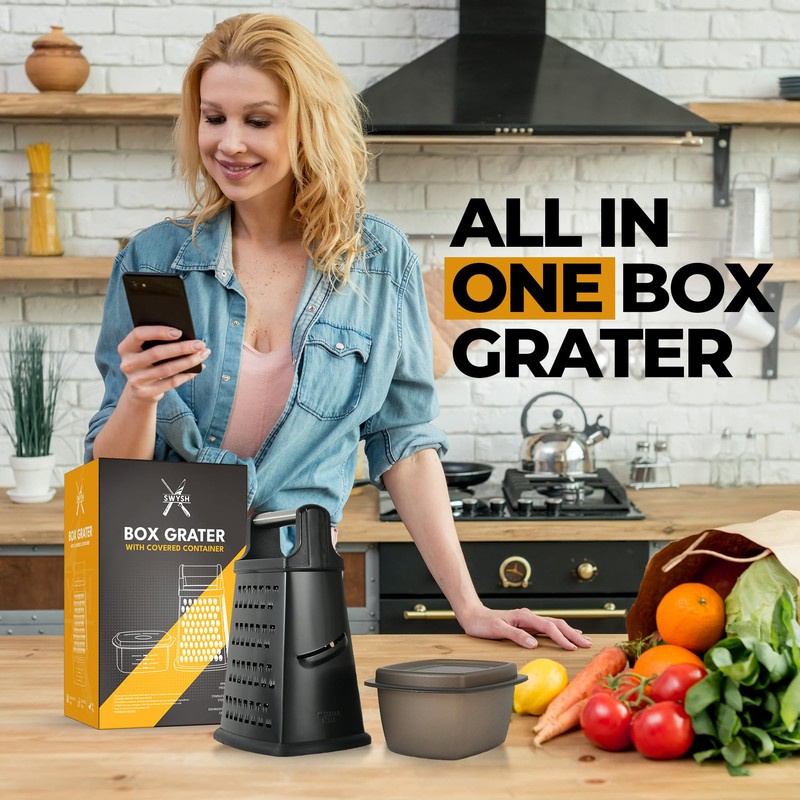 SWYSH Cheese Grater with Container Gourmet 4-Sided Stainless Steel Box