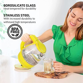 OVENTE Glass Electric Kettle Hot Water Boiler 1.5 Liter Borosilicate Glass Fast Boiling Countertop Heater - BPA Free Auto Shut Off Instant Water Heater Kettle for Coffee & Tea Maker - Green KG83G