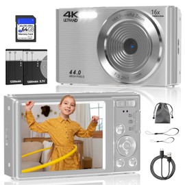 Digital Camera, FHD 4K 44MP Digital Camera, 16X Digital Zoom, Digital Point and Shoot Camera with 3-LED Fill Lights, 64GB SD Card, Compact Camera for Kids Teen Boys Girls, Sliver
