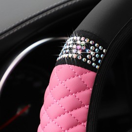 Couslcd Bling Car Steering Wheel Cover, 15 Inch Rhinestones Soft Leather Elastic Steering Wheel Protector, Sparkly Crystal Diamond for Women Girls, Car Interior Accessories for Most Cars (Pink)